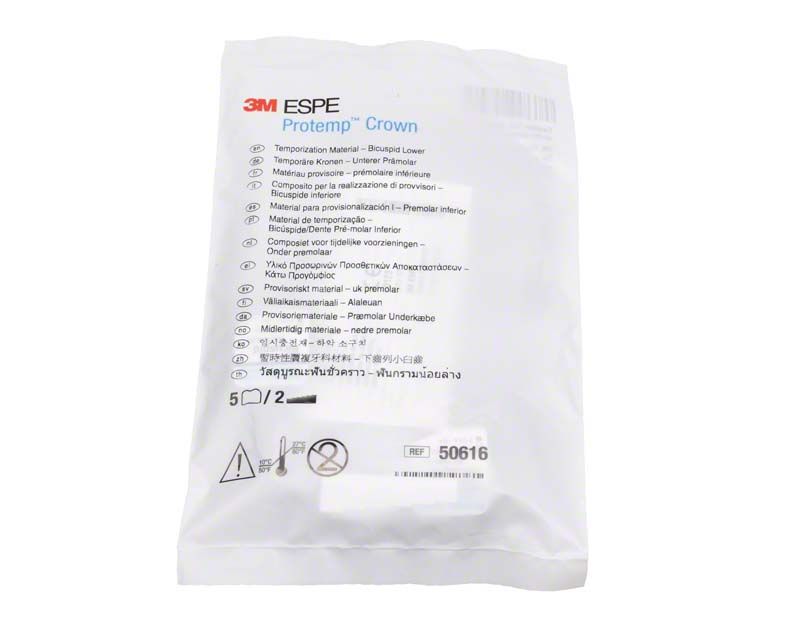 Protemp™ Crown UK Prämolar Verpackung mit Produktinformationen und Symbolen auf weißem Hintergrund.