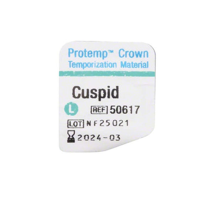Etikett der Protemp™ Crown Eckzahn L mit Produktinformationen und Ablaufdatum.
