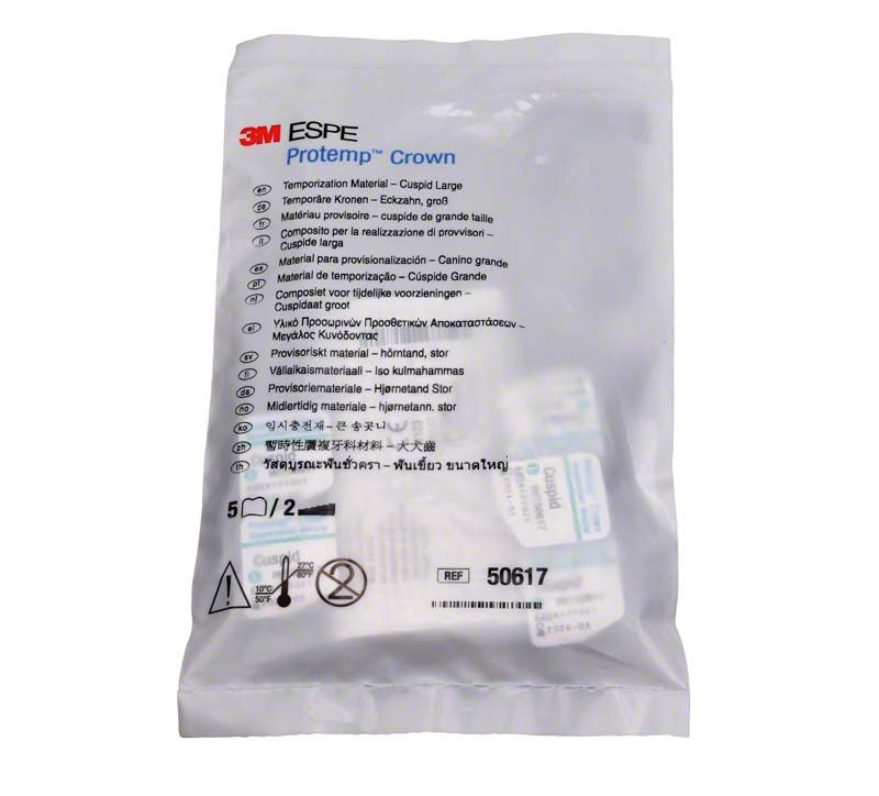 Provisorische Zahnkrone Protemp™ Crown Eckzahn L in geöffneter Verpackung mit Produktinformationen.