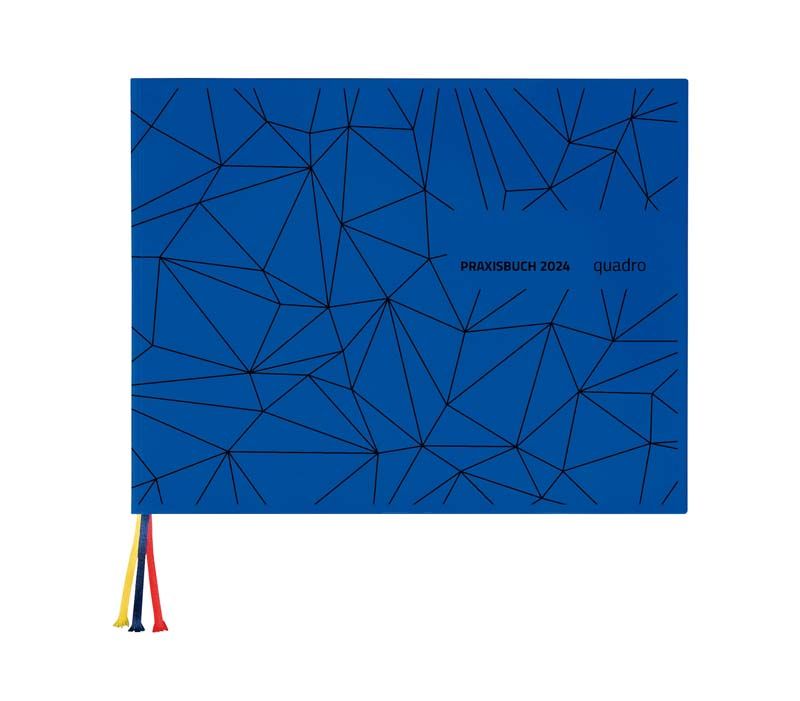 Praxisbuch "Quadro" 2024 in blauem Einband mit geometrischem Muster.