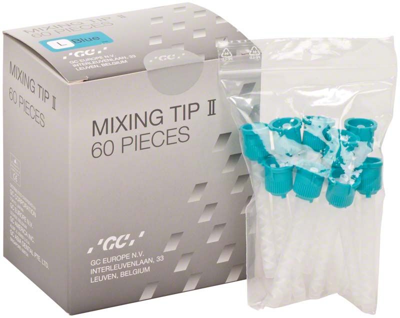 Mixing Tips II blau, Größe L in Verpackung mit 60 Stück.