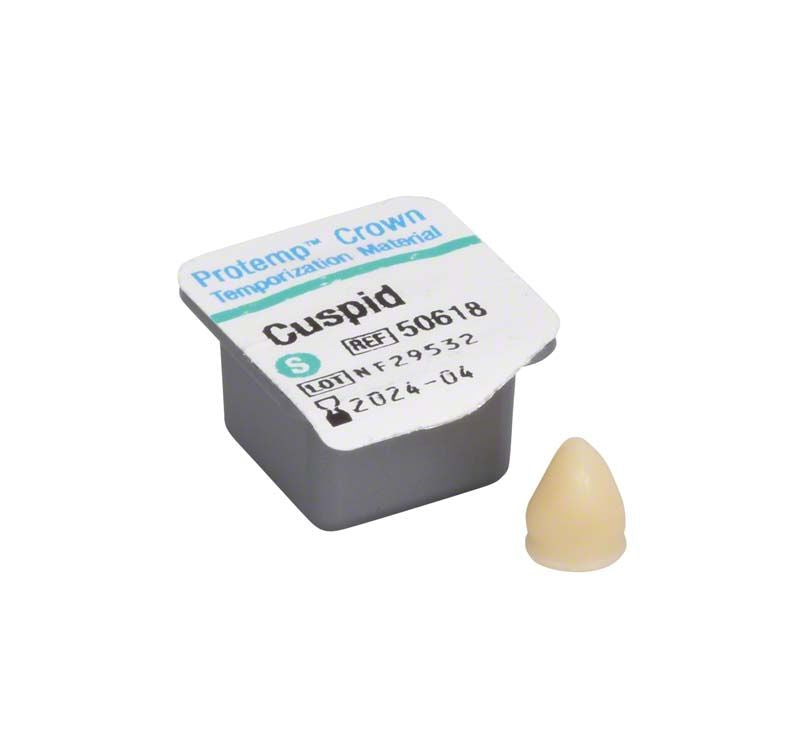 Protemp™ Crown Eckzahn S, Zahnkrone in grauer Verpackung mit Deckel.