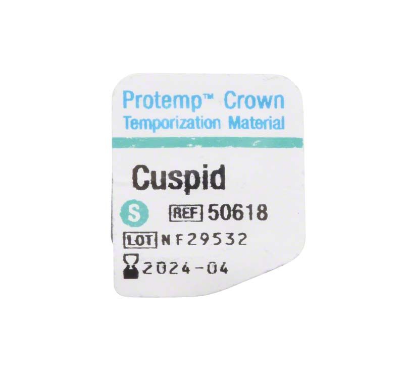 Protemp™ Crown Eckzahn S Etikett mit Produktinformationen und Verfallsdatum.