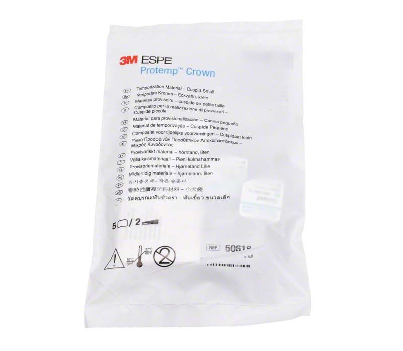 Protemp™ Crown Eckzahn S in transparenter Verpackung mit mehrsprachigen Produktinformationen.