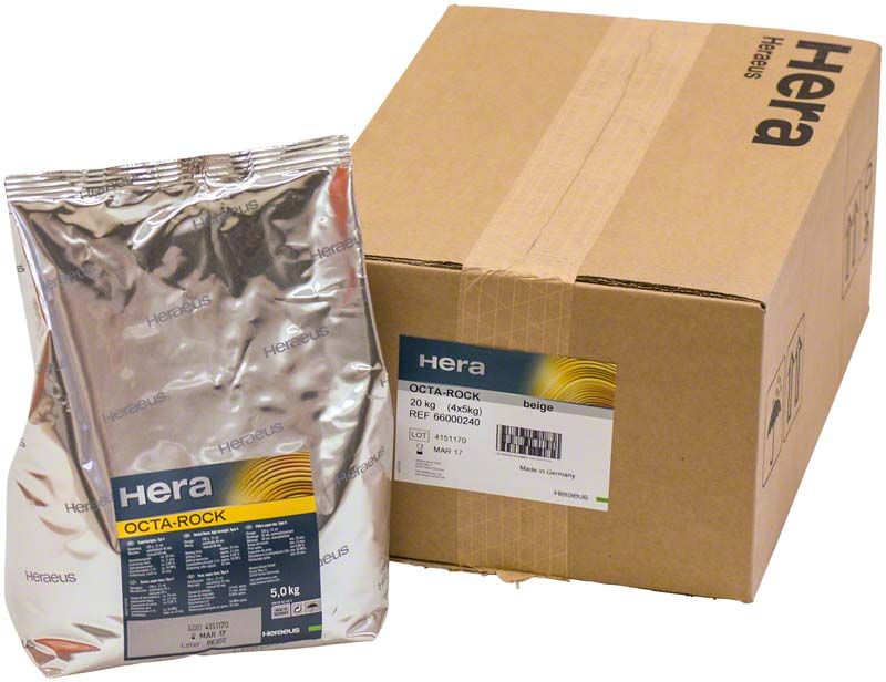 OCTA-ROCK Superhartgips beige in Verpackung neben Umkarton.