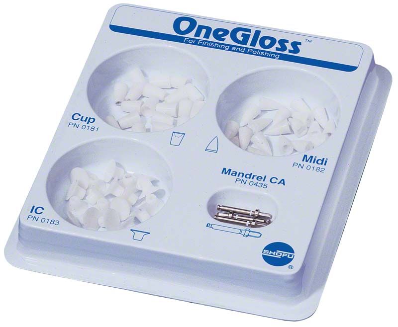 OneGloss Kit mit verschiedenen Polieraufsätzen und Mandrel für Zahnmedizin.
