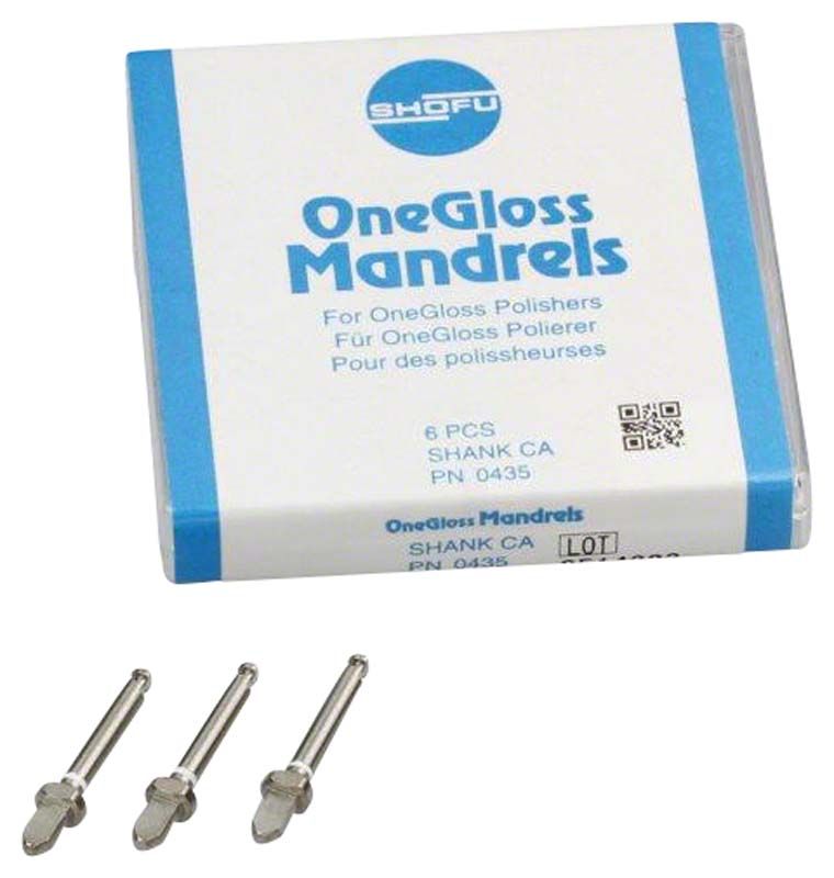 OneGloss Mandrells Verpackung mit drei Metallmandrells darunter.