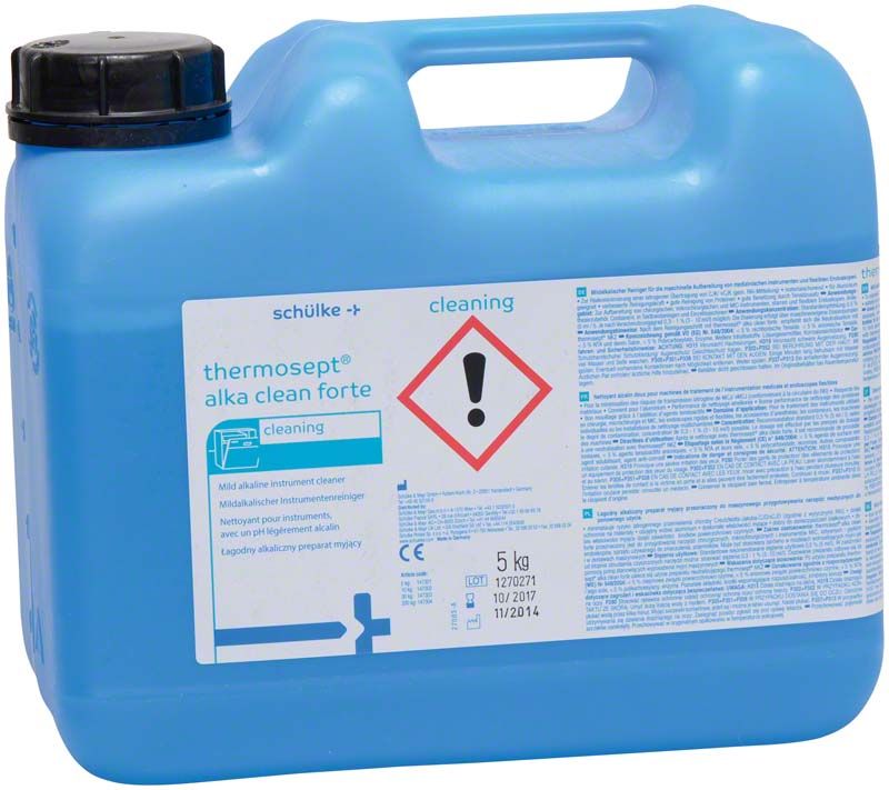 Kunststoffkanister mit Thermosept Alka Clean forte Etikett und Warnsymbol.