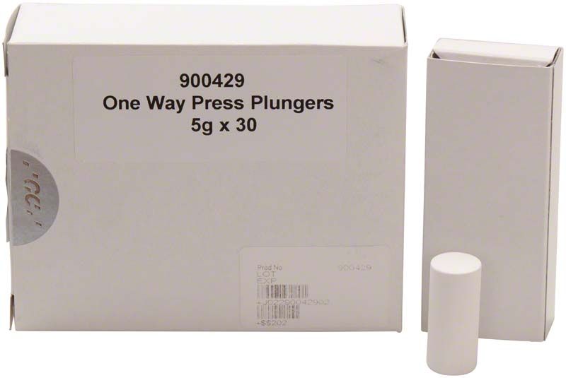 Weiße Verpackung mit GC Initial One Way Press Plungers für 5g Pellets.
