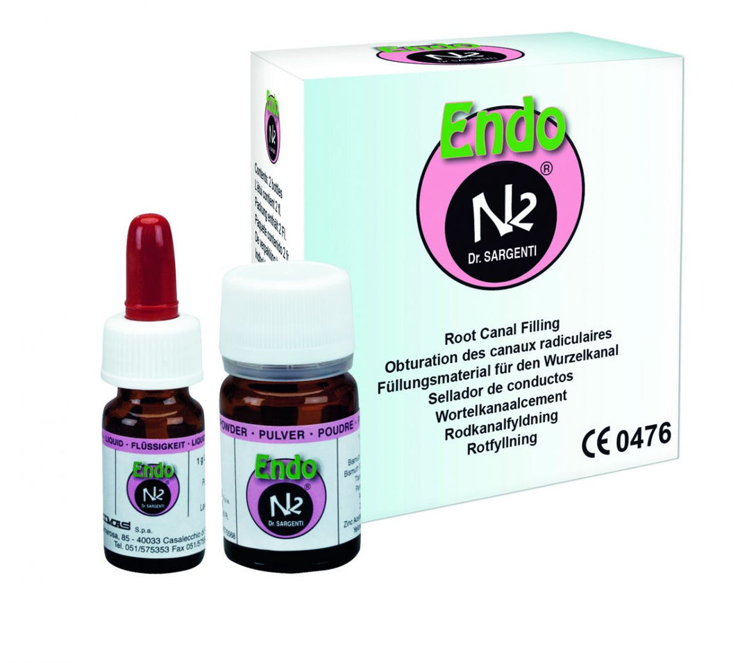 Endo N2 Set Wurzelkanalzement mit Fläschchen und Verpackung.