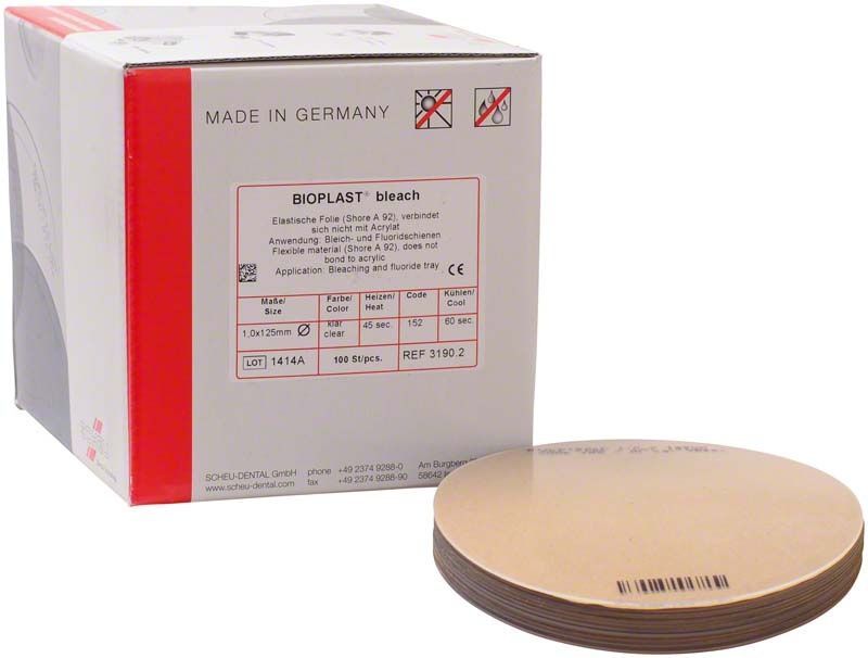 Verpackung von BIOPLAST® bleach, dentalen Bleichschienenfolien, 100 Stück.
