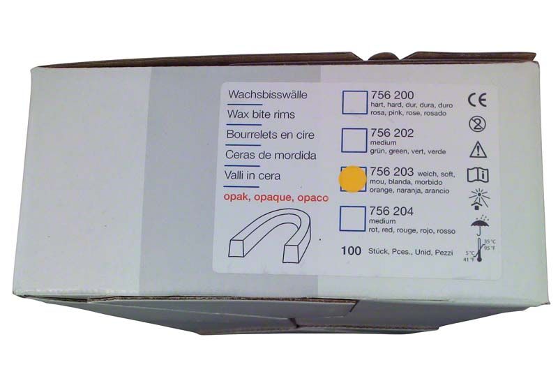 Verpackung der Wachsbisswälle gebogen weich, orange-opak mit Etikettendetails.