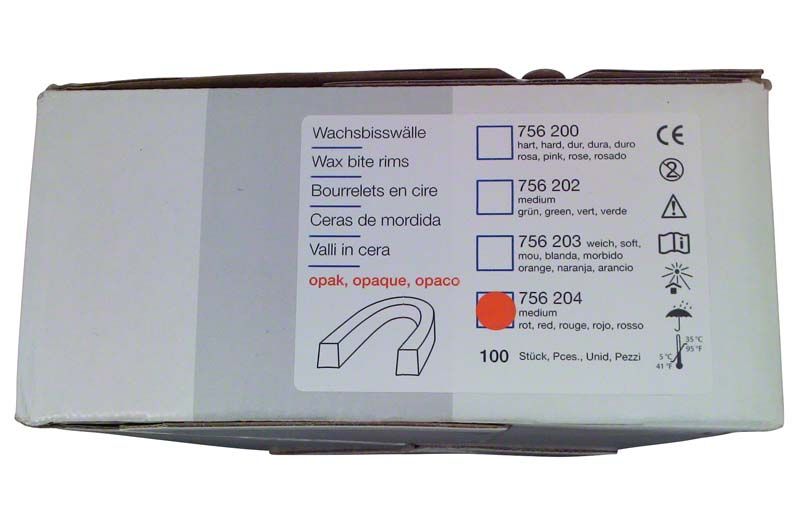 Verpackung der Wachsbisswälle mit Produktinformationen und rotem Farbfeld.