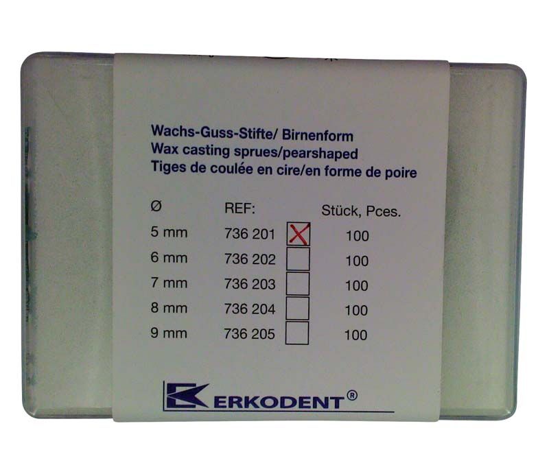 Erkodent Gussbirnenpackung mit Größenübersicht und markierter Größe 5 mm.