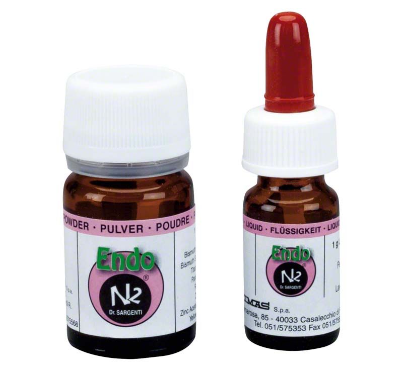 Endodontisches N2 Pulver und Flüssigkeit in braunen Glasflaschen mit Etiketten.