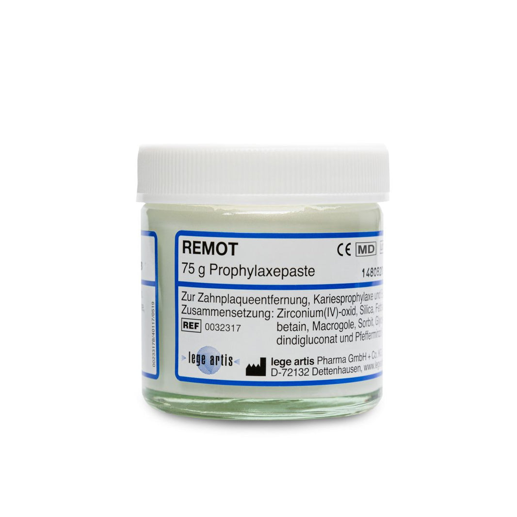 Remot Prophylaxepaste im Glas mit Etikett und Inhaltsangaben.