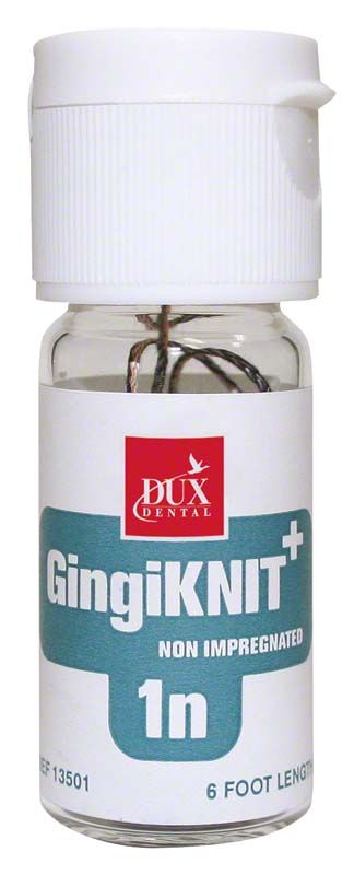 GingiKNIT+ nicht imprägnierter Retraktionsfaden in weißer Kunststoffflasche.