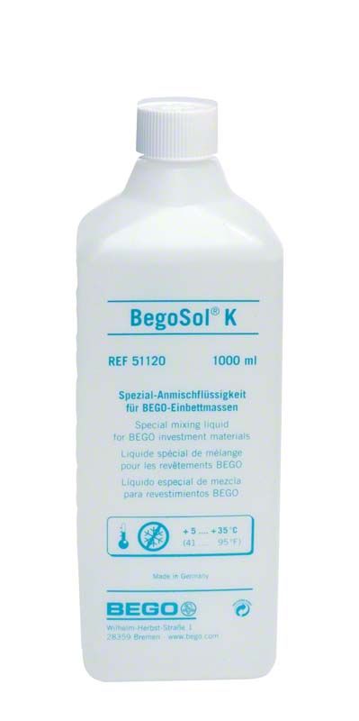 BegoSol® K 1 Liter Anmischflüssigkeit in weißer Flasche mit blauer Aufschrift.