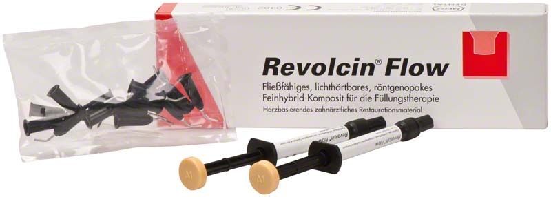 Revolcin Flow Spritzen A1 mit Verpackung und Applikationsspitzen.