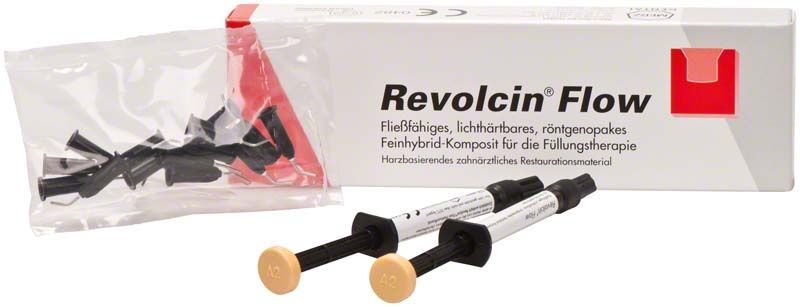 Revolcin flow Spritzen A2 mit Verpackung für minimalinvasive Zahnfüllungen.