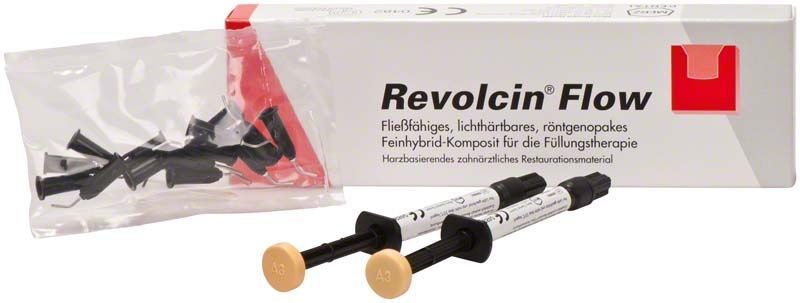 Fließfähiges, lichtaushärtendes Revolcin Flow Composite mit Spritzen und Verpackung.