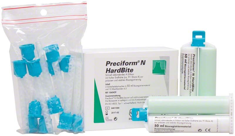 Preciform N HardBite Abformmaterial mit Verpackung und Zubehörteilen.