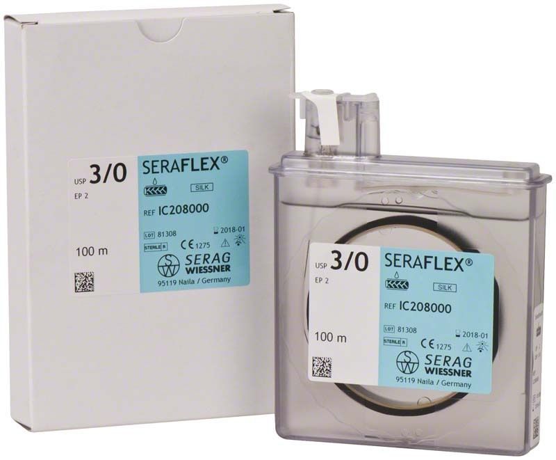 SERAFLEX® USP 3/0 Nahtmaterial in Verpackung mit blauer Etikettierung.