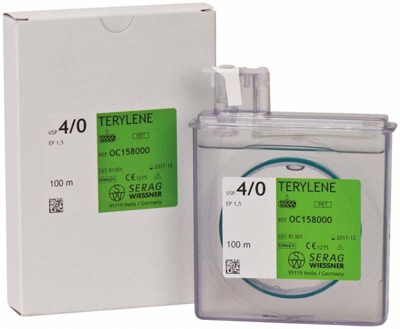 Nahtmaterial TERYLENE grün 100m 4/0 1,5 in Verpackung.