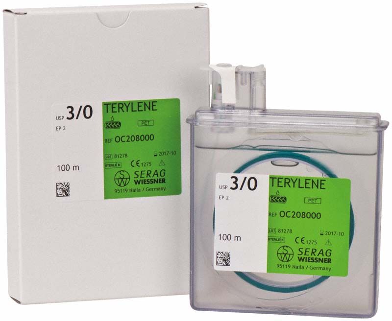 TERYLENE Nahtmaterial grün 100m 3/0 in Verpackung für chirurgische Anwendungen.