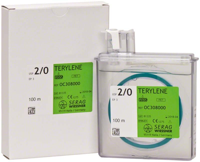 Verpackung und Spule von TERYLENE grün 100m chirurgischem Nahtmaterial.