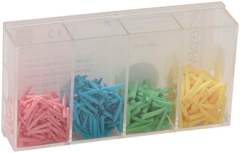 Interdentalkeile aus Ahornholz in sortierter Box mit vier Farben.