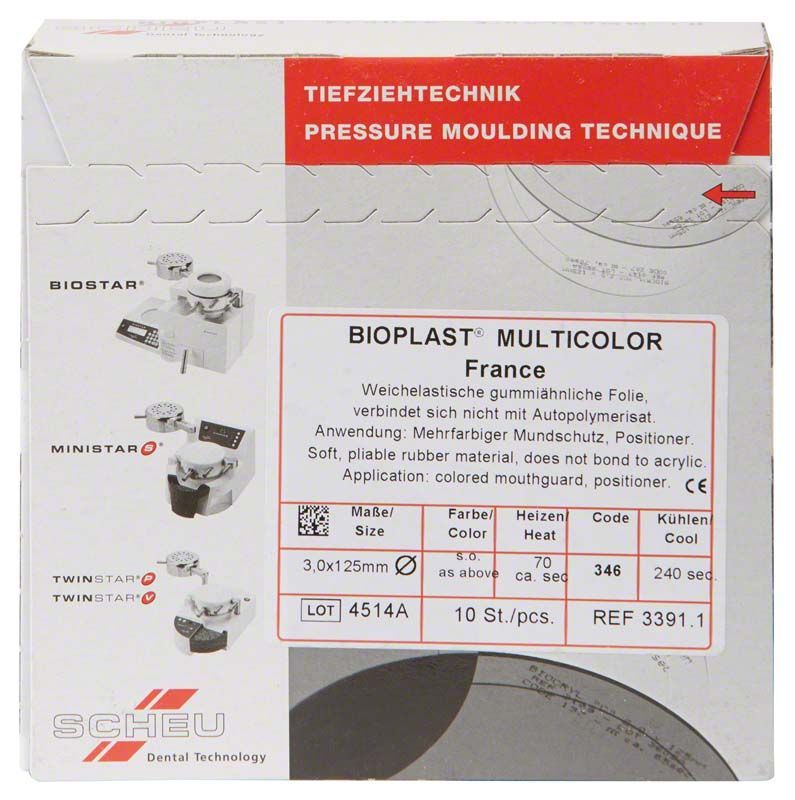 Verpackung von BIOPLAST® Multicolor France mit Druck- und Größenangaben.