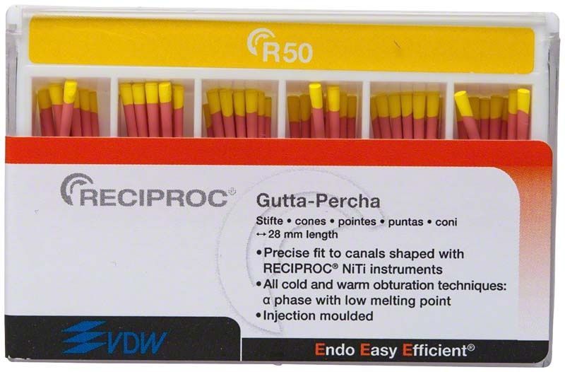 RECIPROC® Guttapercha-Stifte Gr. R50, gelb, in Verpackung von VDW.