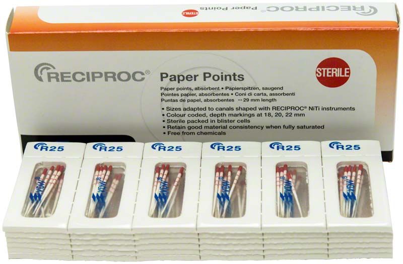 RECIPROC® Papierspitzen Gr. R25 rot in Blisterverpackung vor Produktkarton.