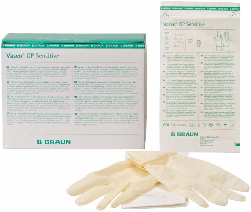 Verpackung und Paar Vasco® OP Sensitive Handschuhe, Größe 9.