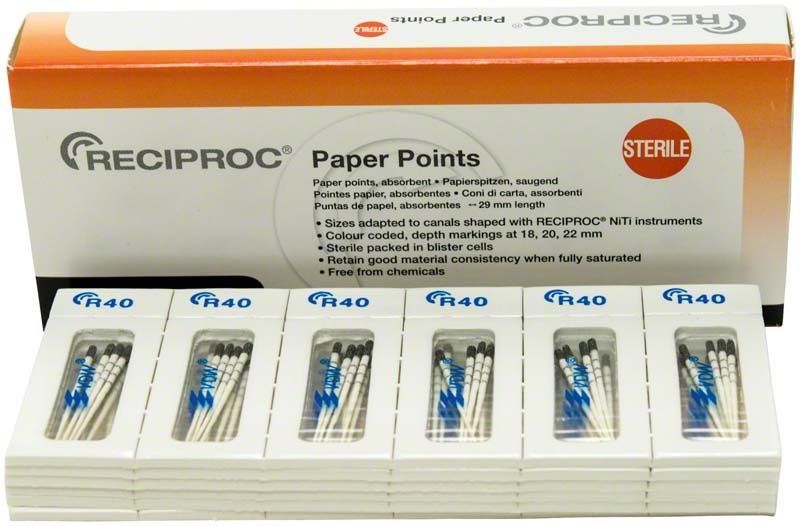 RECIPROC® Papierspitzen Gr. R40 in Blisterverpackung zur Wurzelkanaltrocknung.