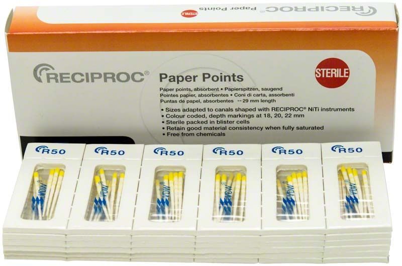 RECIPROC® Papierspitzen Gr. R50 gelb in Blisterverpackung vor Kartonbox.