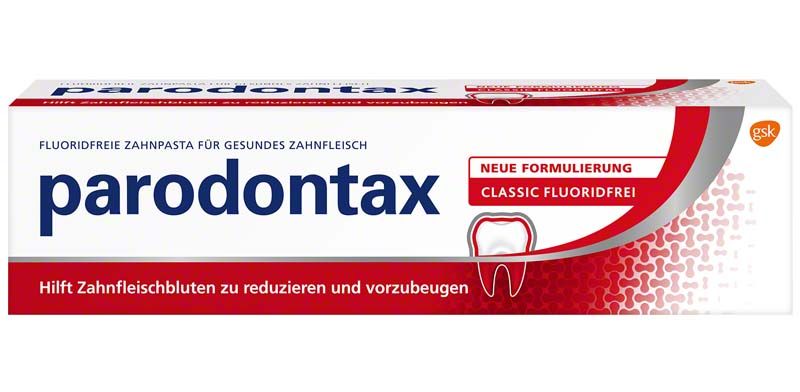 Parodontax Zahnpasta Classic Verpackung mit rotem Zahnsymbol und Schriftzug.