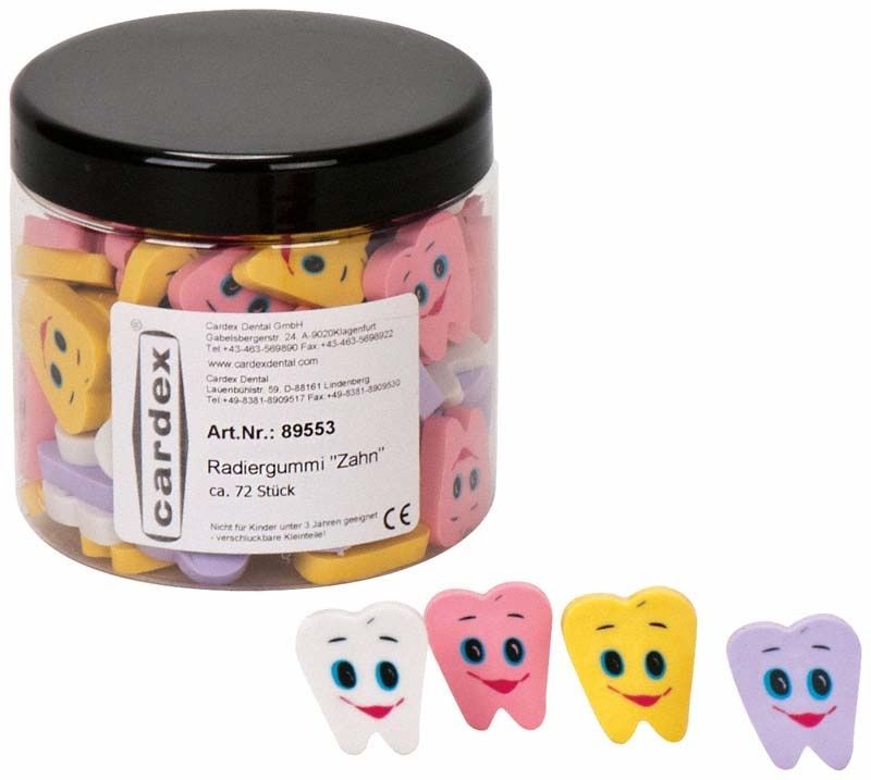 Radiergummi in Zahnform mit lächelnden Gesichtern in verschiedenen Farben.