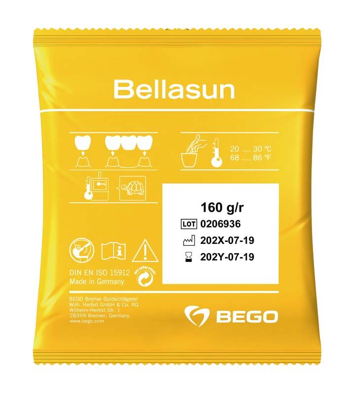 Gelbe Verpackung von Bellasun 80 x 160g mit Produktinformationen und Symbolen.