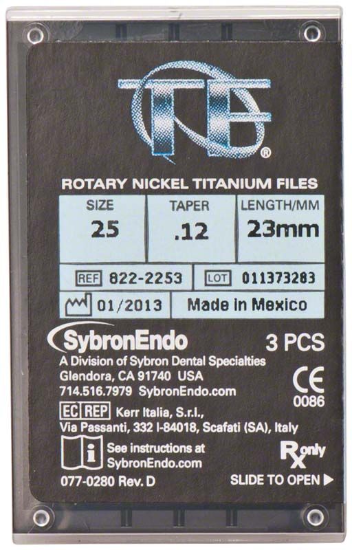 SybronEndo TF® Twisted Feilen 23mm 25/.12 Verpackung mit Produktspezifikationen.