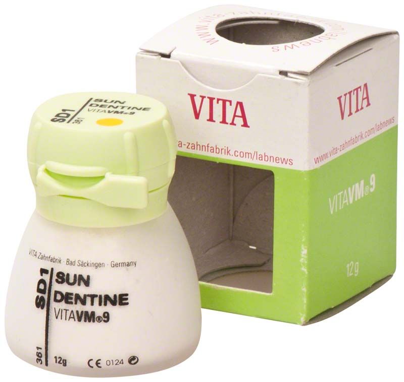 Behälter mit VM9 Sun Dentin SD1, 12g neben passender Verpackung.
