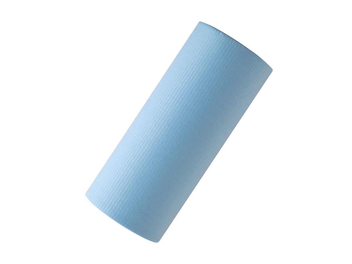 Monoart Patientenumhang in hellblauer Farbe, aufgerollt.