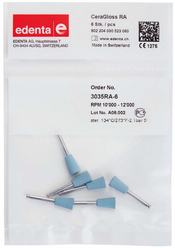CeraGloss blau Kelch Polierer in Kunststoffverpackung mit Herstellerinformationen.