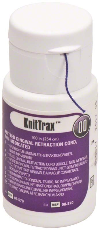 Nicht imprägnierter Retraktionsfaden KnitTrax Gr. 00 in weißer Flasche.