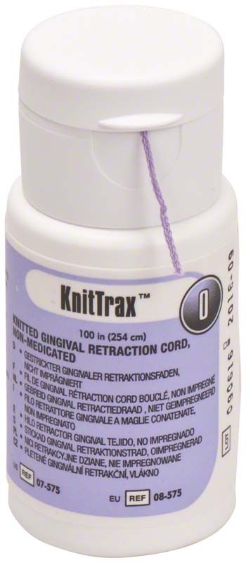 Nicht imprägnierter KnitTrax Retraktionsfaden Gr. 0 in weißer Flasche.