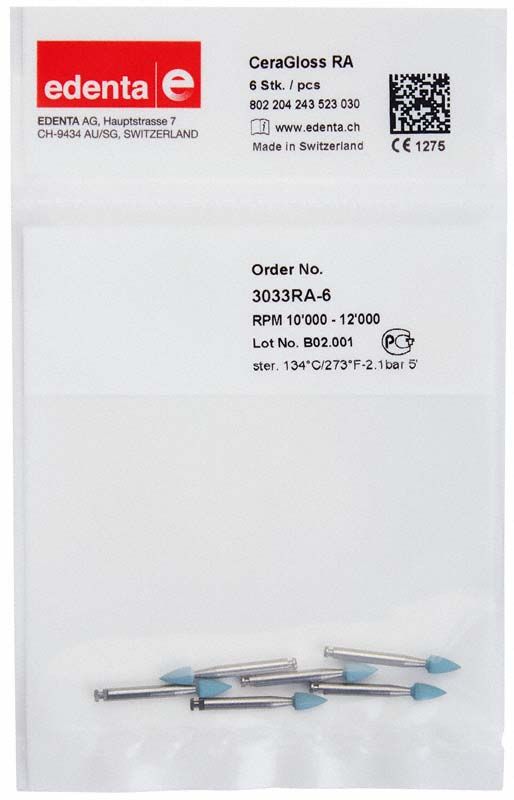 Keramikpolierer CeraGloss blau Spitze in Verpackung mit sechs Stück.