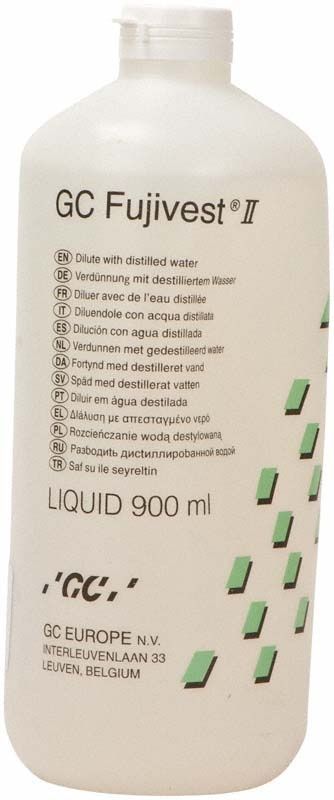 GC Fujivest II Liquid 900 ml Flasche mit mehrsprachiger Gebrauchsanweisung.