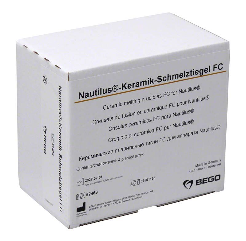 Nautilus Keramiktiegel FC Verpackung mit Produktinformationen und BEGO-Logo.