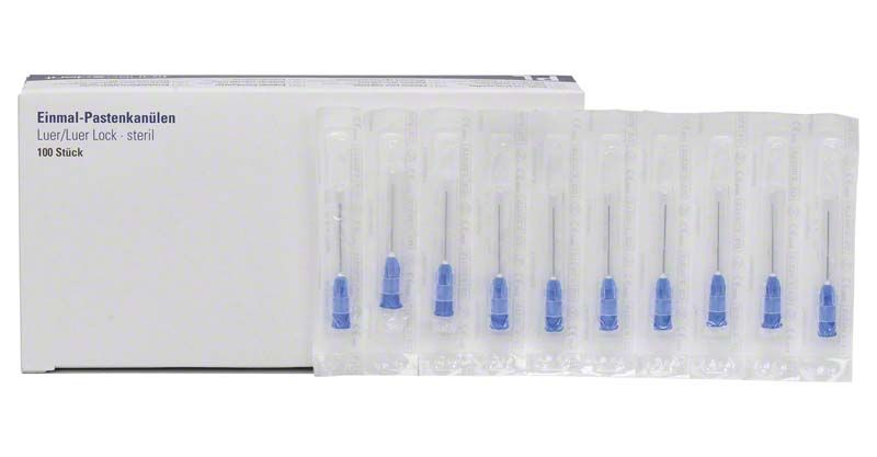 Einmal-Pastenkanülen Luer 23G, steril verpackt in transparenter Blisterfolie.
